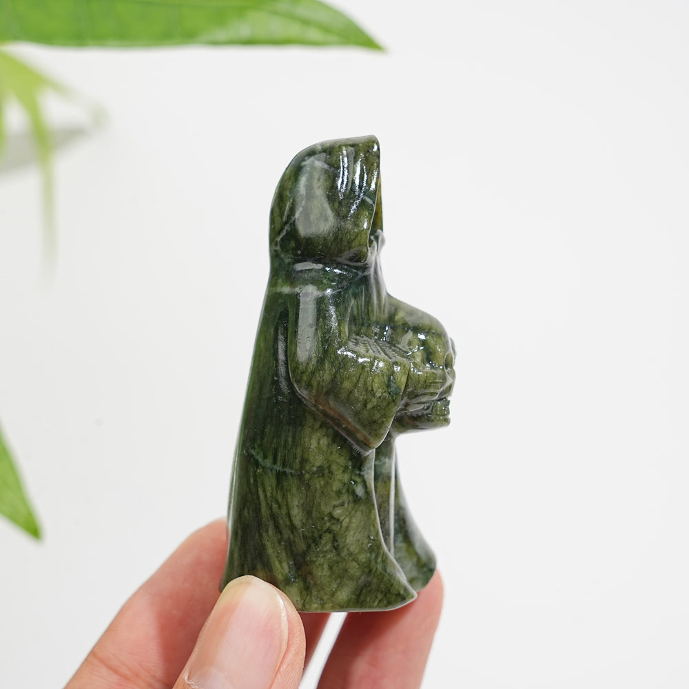 Natural Crystal Serpentine Ghost Reaper Holding Skull Carving