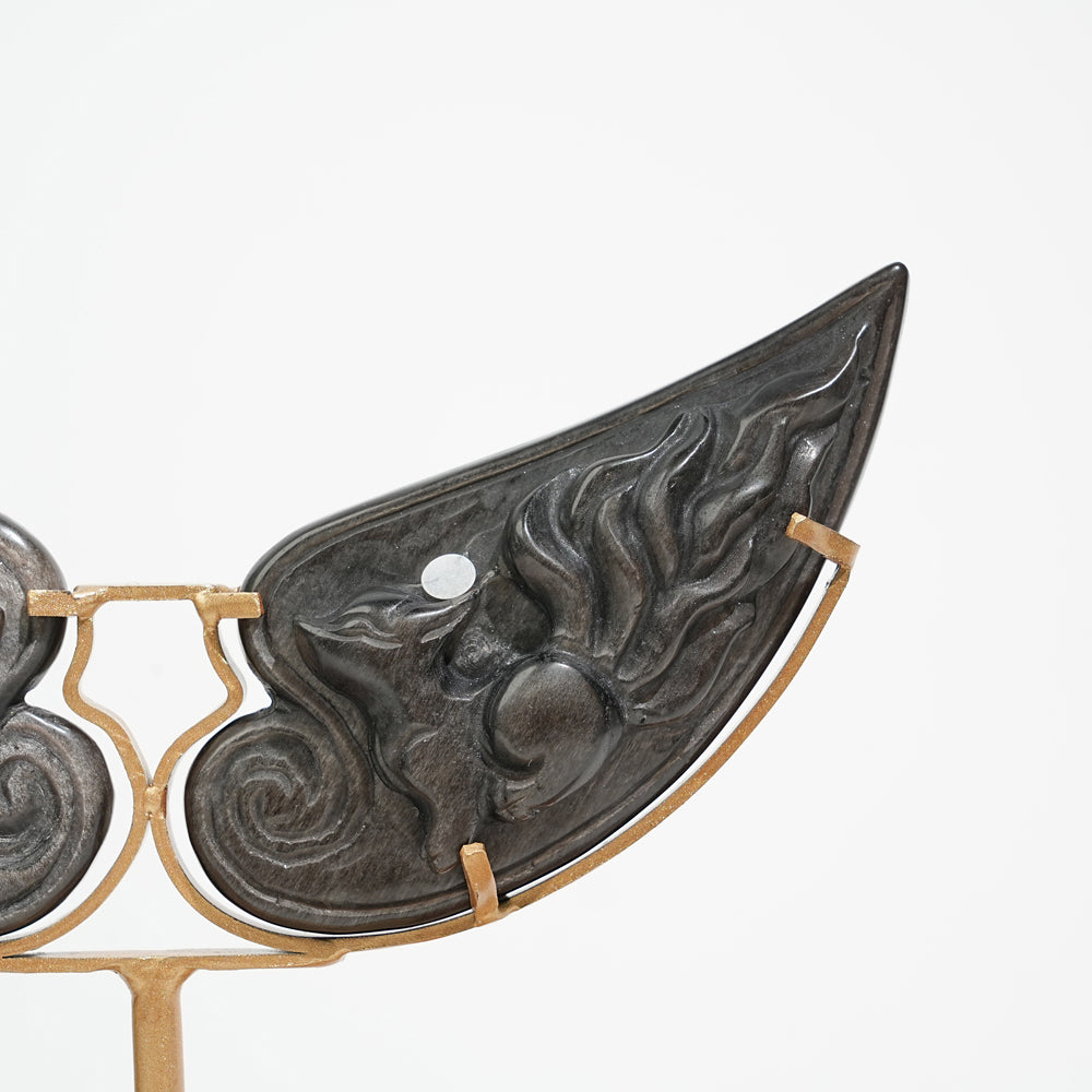 A Slightly Imperfect Natural Silver Obsidian Nine‑Tailed Fox Wings With Stand