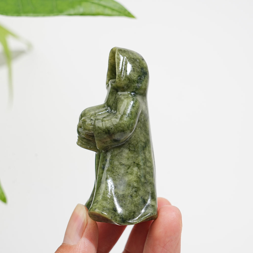 Natural Crystal Serpentine Ghost Reaper Holding Skull Carving
