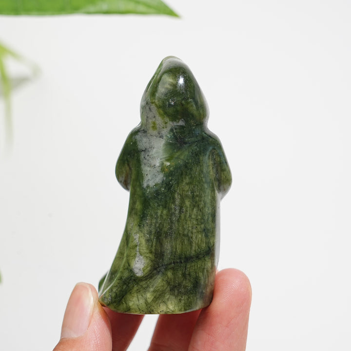 Natural Crystal Serpentine Ghost Reaper Holding Skull Carving