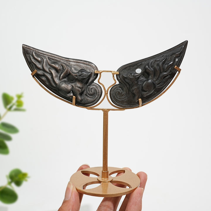 A Slightly Imperfect Natural Silver Obsidian Nine‑Tailed Fox Wings With Stand