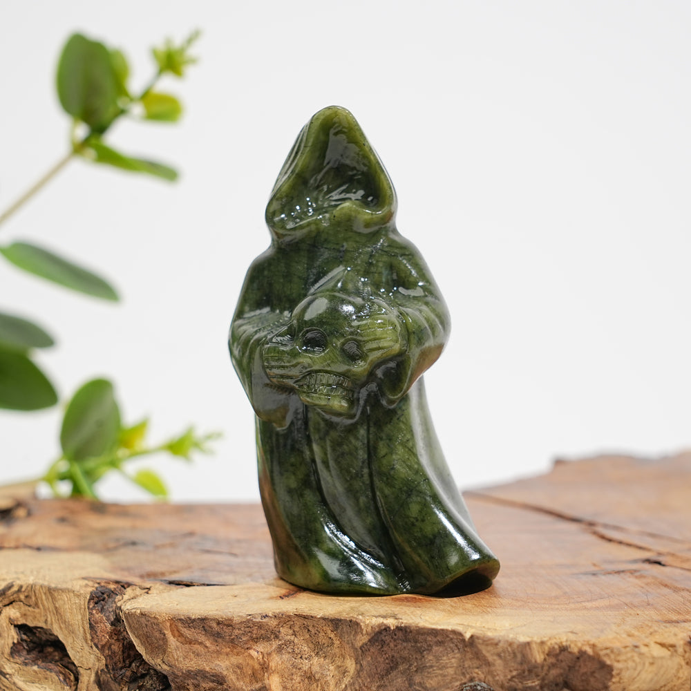 Natural Crystal Serpentine Ghost Reaper Holding Skull Carving