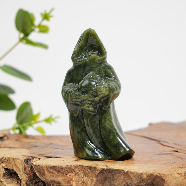 Natural Crystal Serpentine Ghost Reaper Holding Skull Carving