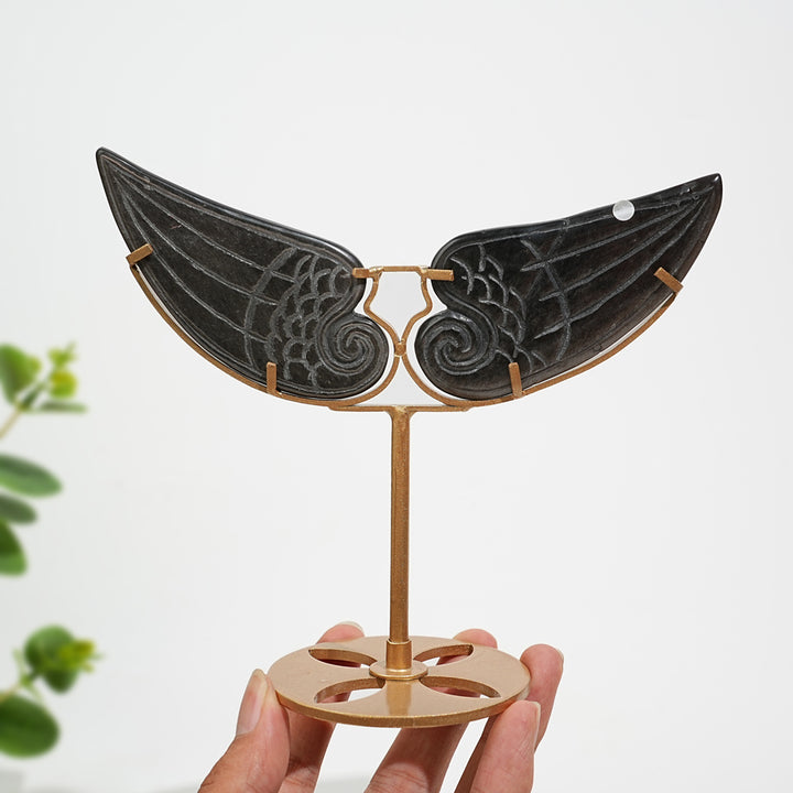 A Slightly Imperfect Natural Silver Obsidian Nine‑Tailed Fox Wings With Stand