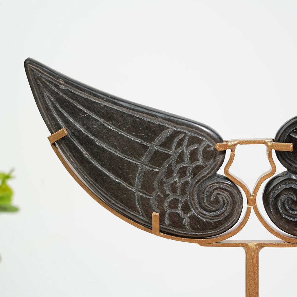 A Slightly Imperfect Natural Silver Obsidian Nine‑Tailed Fox Wings With Stand