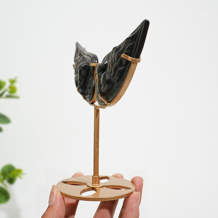 A Slightly Imperfect Natural Silver Obsidian Nine‑Tailed Fox Wings With Stand
