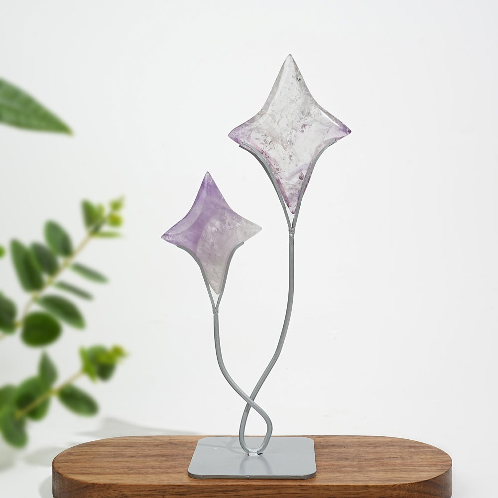 Unique,A Slightly Imperfect Natural Crystal Twin Star Carving With Stand