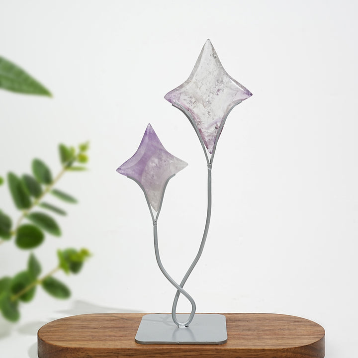 Unique,A Slightly Imperfect Natural Crystal Twin Star Carving With Stand