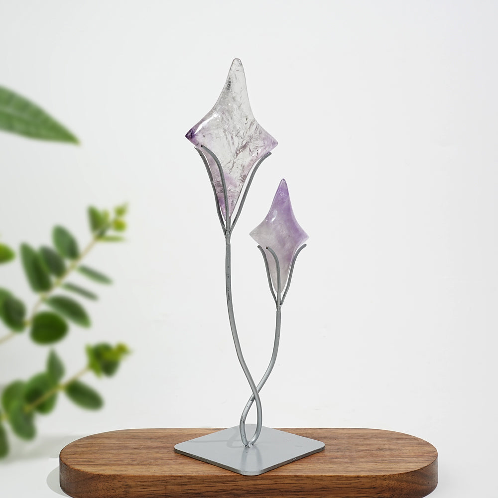 Unique,A Slightly Imperfect Natural Crystal Twin Star Carving With Stand