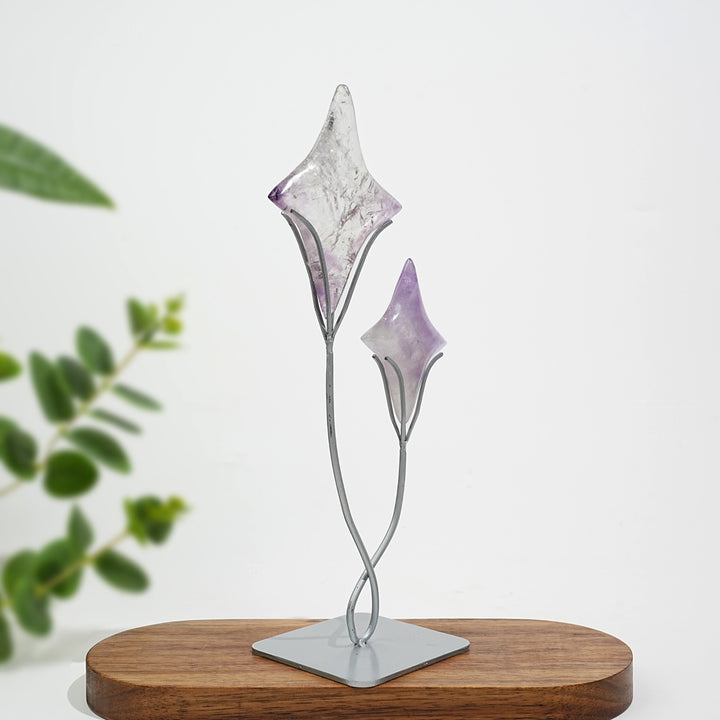 Unique,A Slightly Imperfect Natural Crystal Twin Star Carving With Stand
