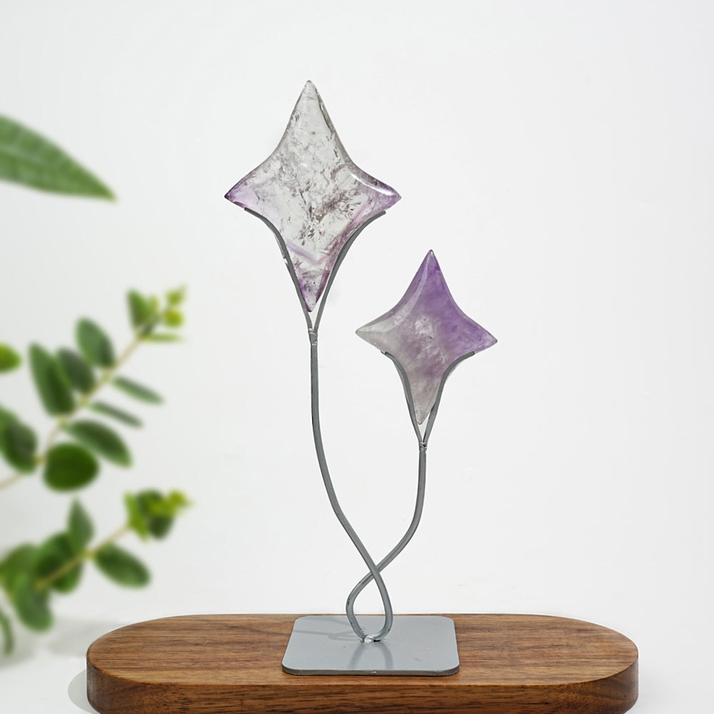 Unique,A Slightly Imperfect Natural Crystal Twin Star Carving With Stand