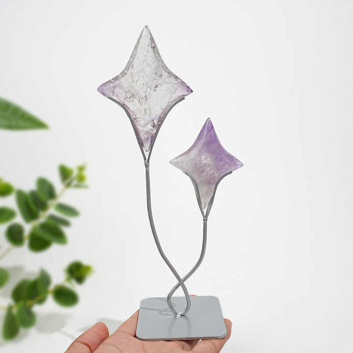 Unique,A Slightly Imperfect Natural Crystal Twin Star Carving With Stand