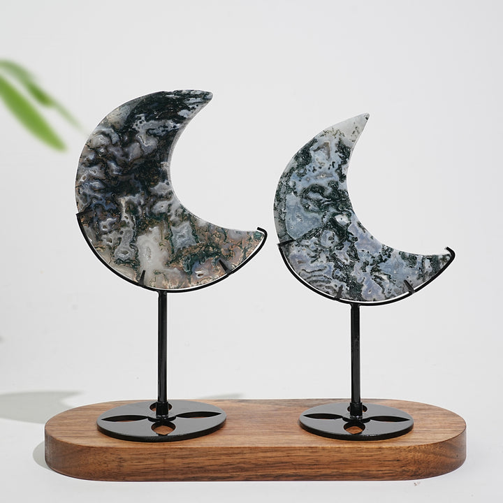 Unique,Natural Crystal Exquisite Moss Agate Moon With Stand