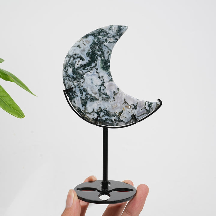 Unique,Natural Crystal Exquisite Moss Agate Moon With Stand