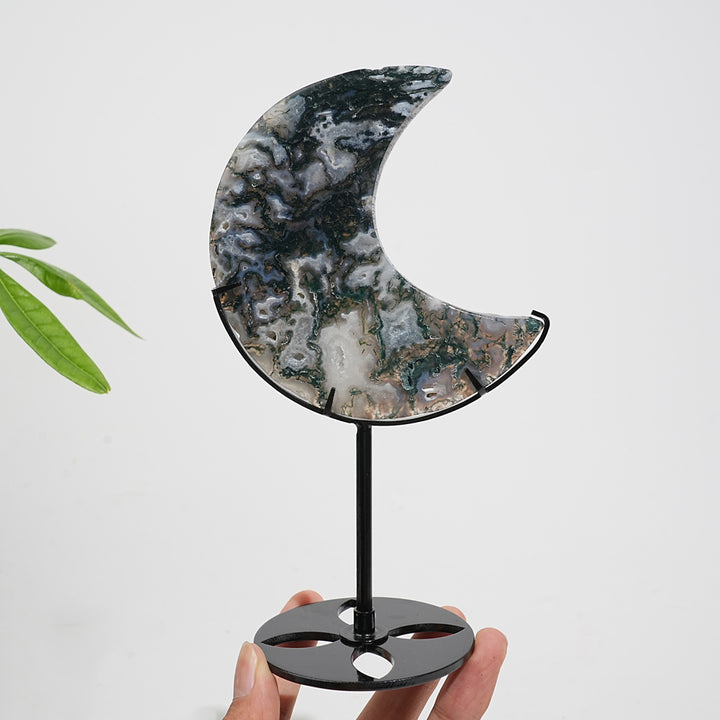 Unique,Natural Crystal Exquisite Moss Agate Moon With Stand