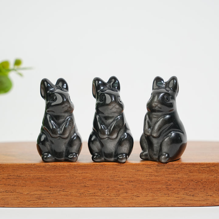 Natural Crystal Silver Obsidian Standing Rabbit Carving