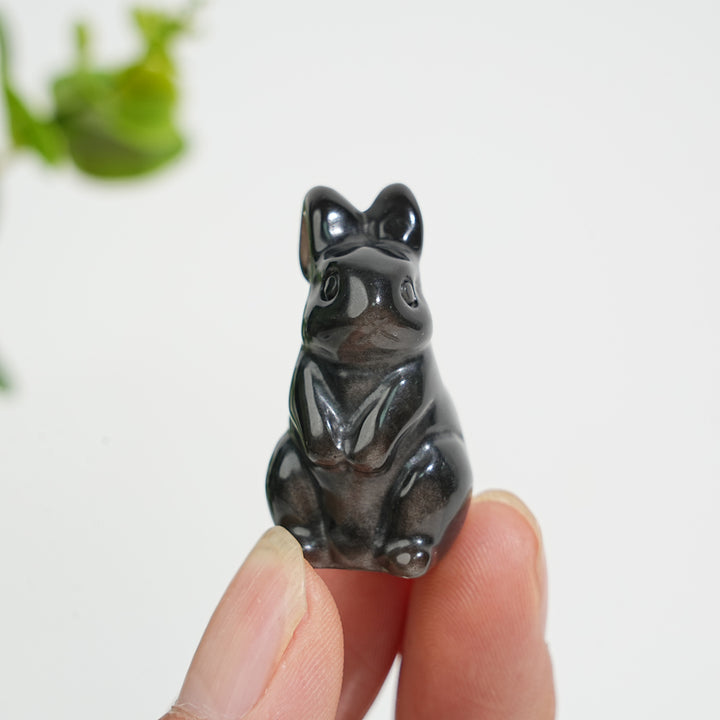 Natural Crystal Silver Obsidian Standing Rabbit Carving