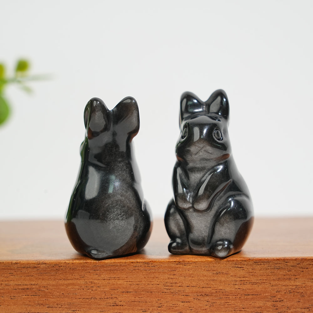 Natural Crystal Silver Obsidian Standing Rabbit Carving