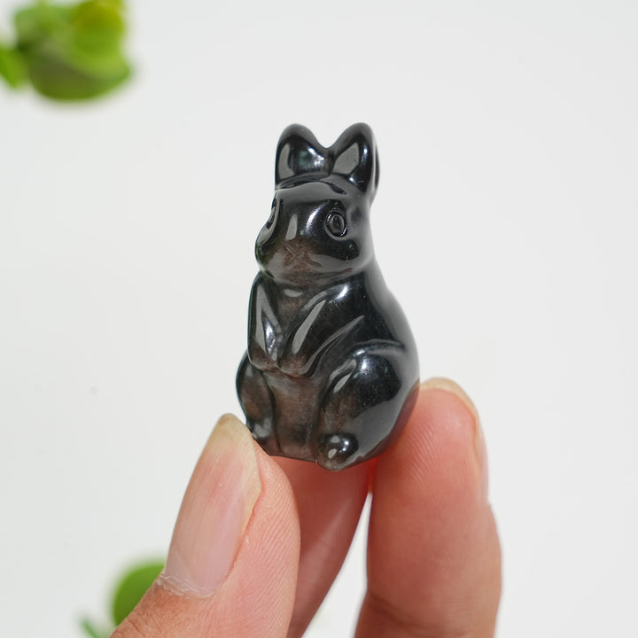 Natural Crystal Silver Obsidian Standing Rabbit Carving