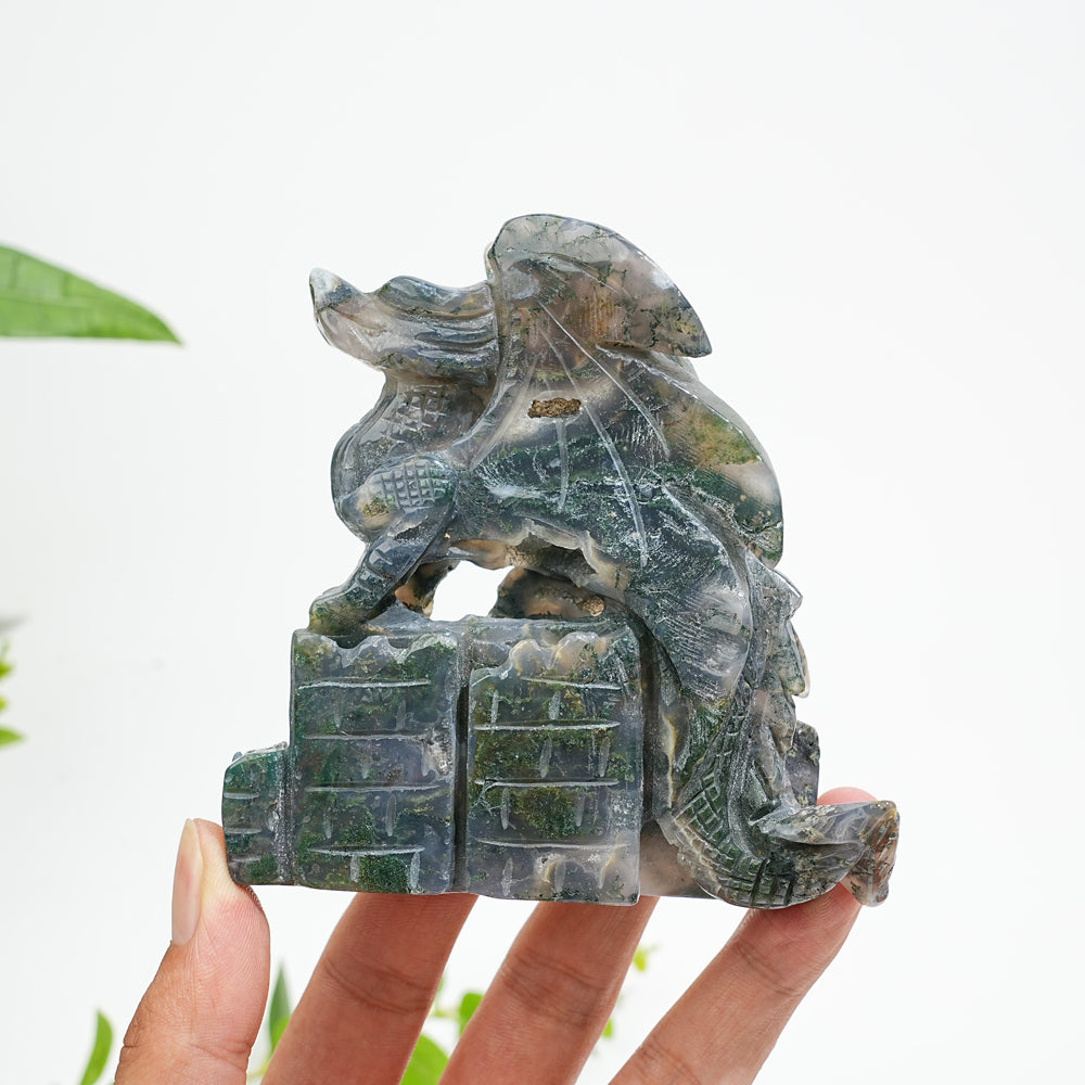 Unique,A Slightly Imperfect Natural Crystal Moss Agate Flying Dragon Carving