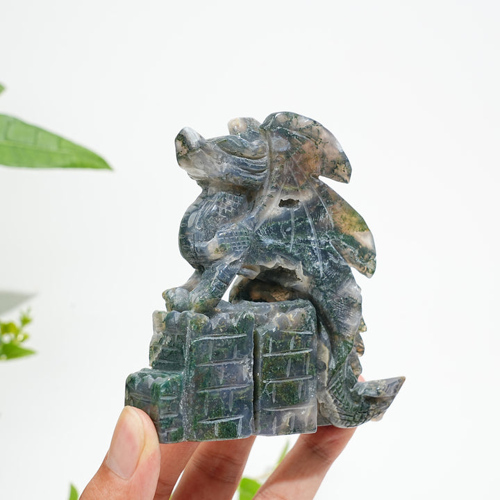 Unique,A Slightly Imperfect Natural Crystal Moss Agate Flying Dragon Carving