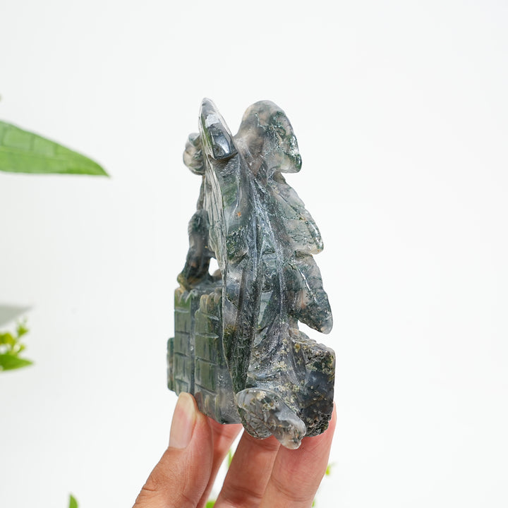 Unique,A Slightly Imperfect Natural Crystal Moss Agate Flying Dragon Carving