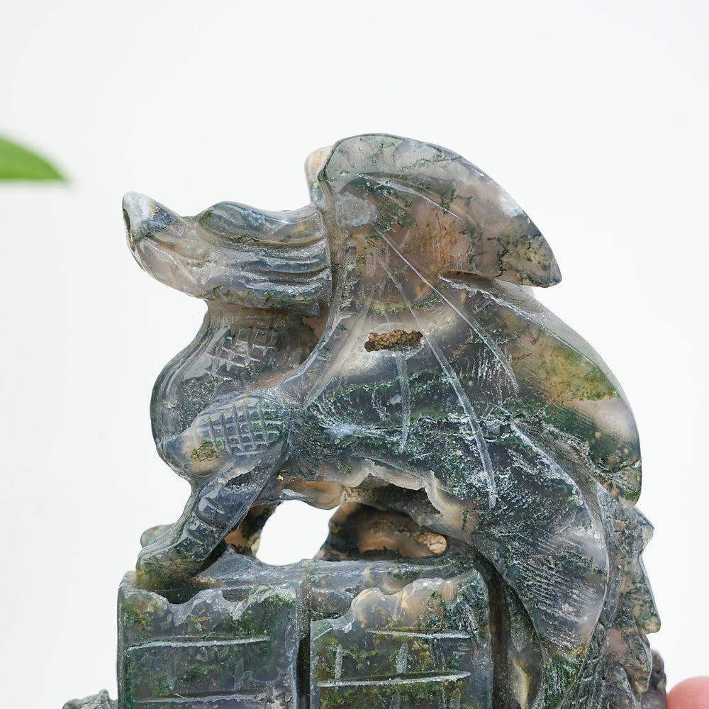 Unique,A Slightly Imperfect Natural Crystal Moss Agate Flying Dragon Carving