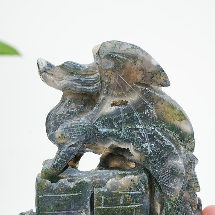 Unique,A Slightly Imperfect Natural Crystal Moss Agate Flying Dragon Carving