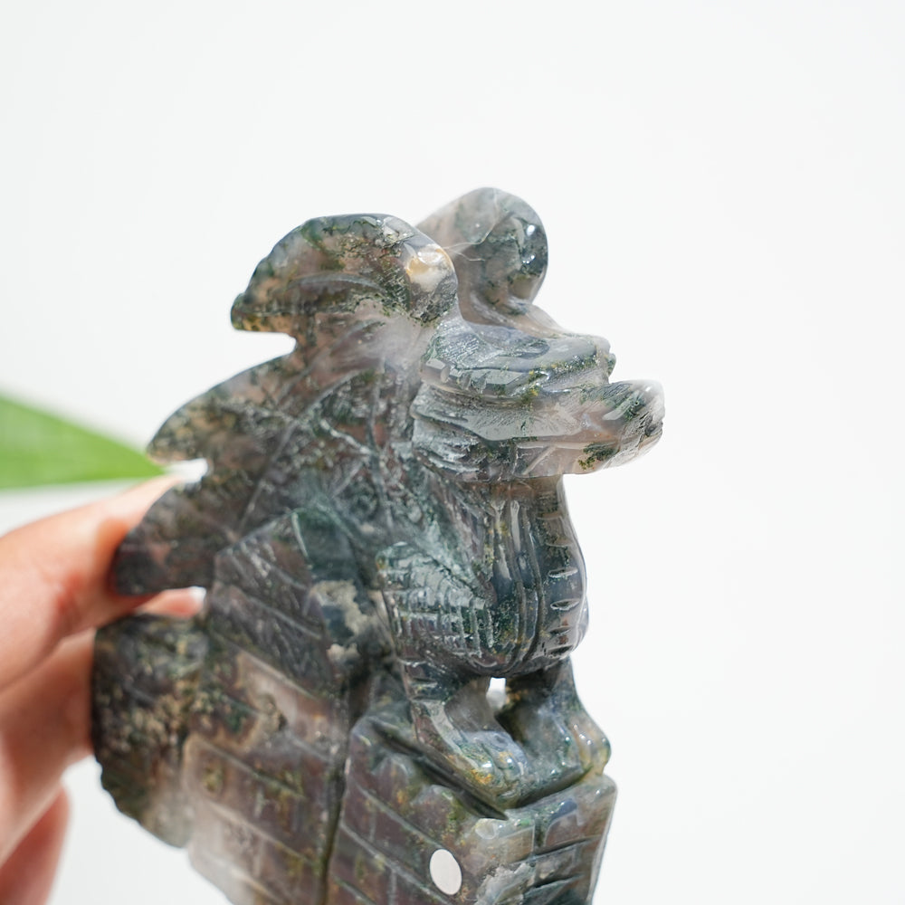 Unique,A Slightly Imperfect Natural Crystal Moss Agate Flying Dragon Carving