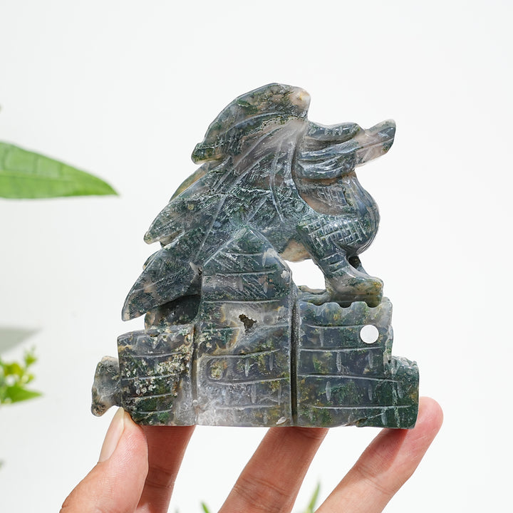Unique,A Slightly Imperfect Natural Crystal Moss Agate Flying Dragon Carving
