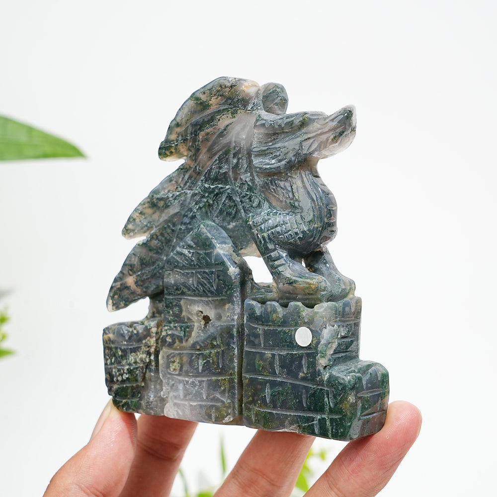 Unique,A Slightly Imperfect Natural Crystal Moss Agate Flying Dragon Carving