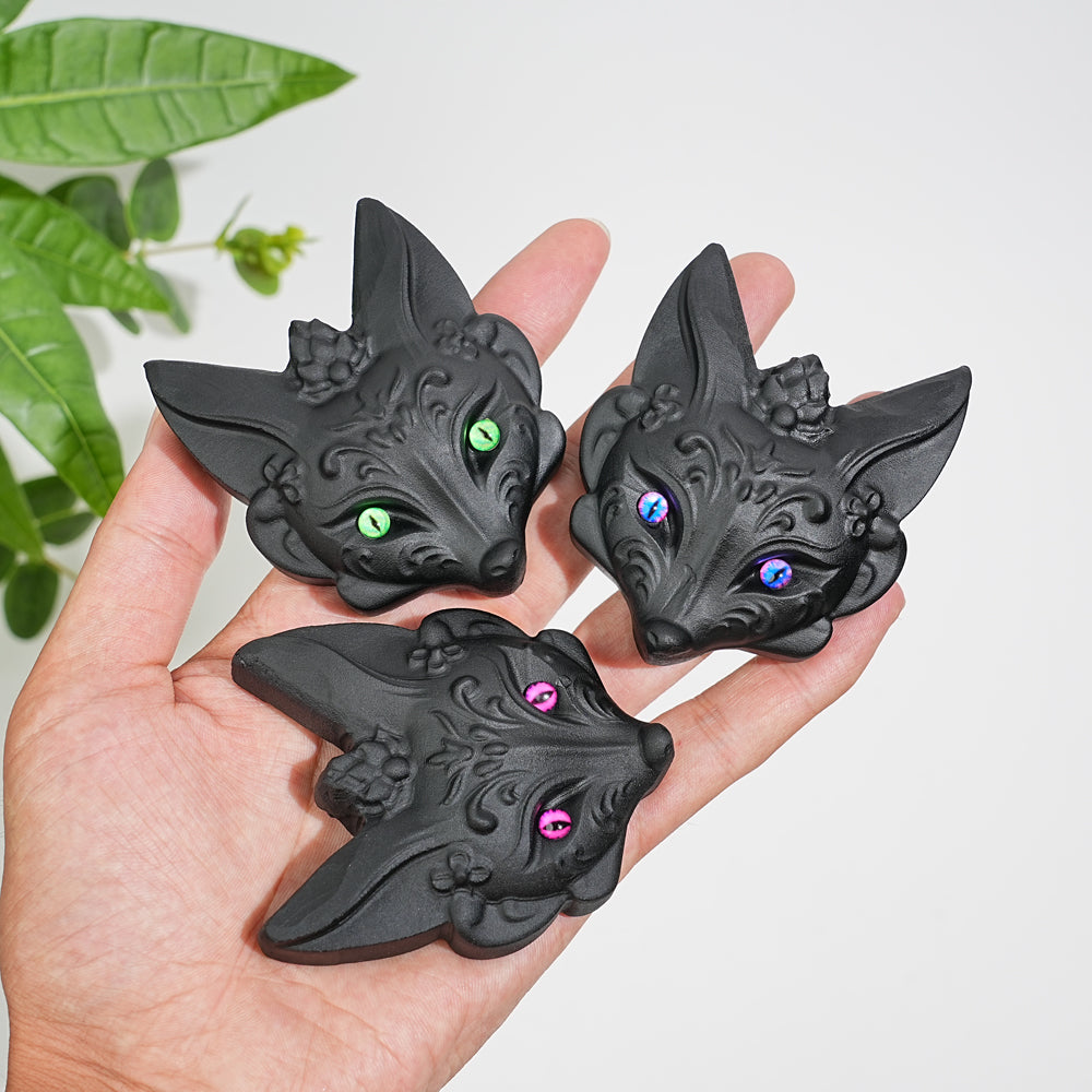 Natural Crystal Black Obsidian Fox Mask Carving