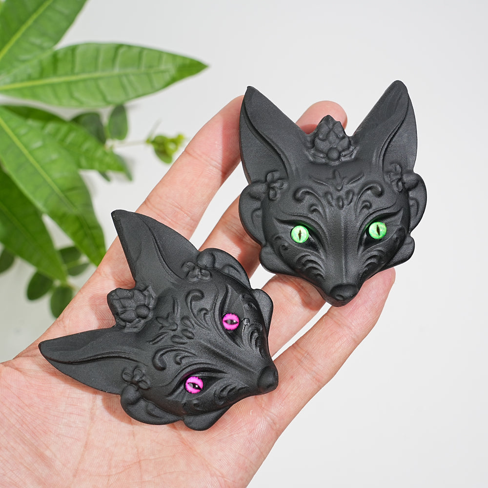 Natural Crystal Black Obsidian Fox Mask Carving