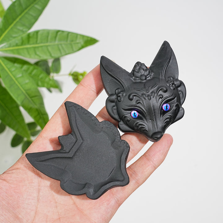 Natural Crystal Black Obsidian Fox Mask Carving