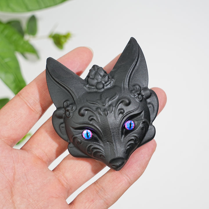 Natural Crystal Black Obsidian Fox Mask Carving