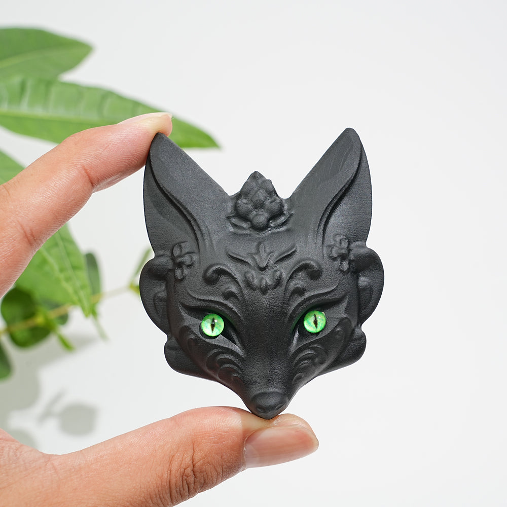 Natural Crystal Black Obsidian Fox Mask Carving