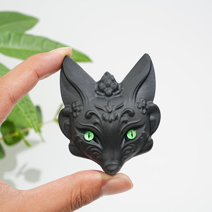 Natural Crystal Black Obsidian Fox Mask Carving