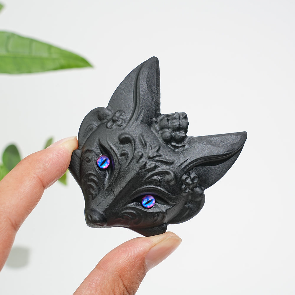 Natural Crystal Black Obsidian Fox Mask Carving