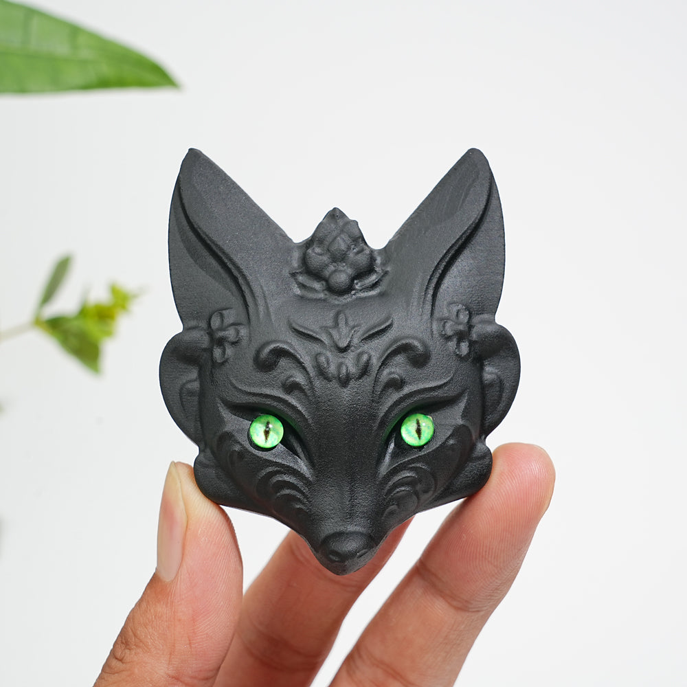 Natural Crystal Black Obsidian Fox Mask Carving