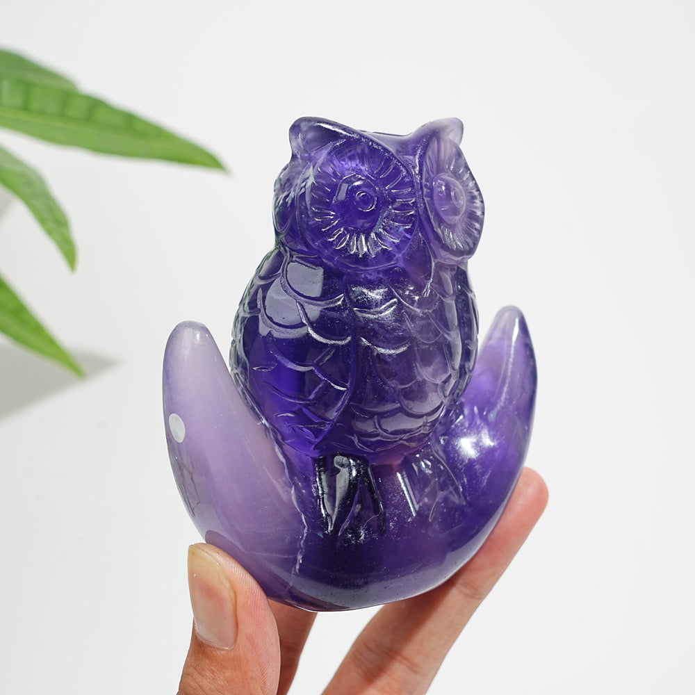Unique,A Slightly Imperfect Natural Crystal Purple Fluorite Owl Carving