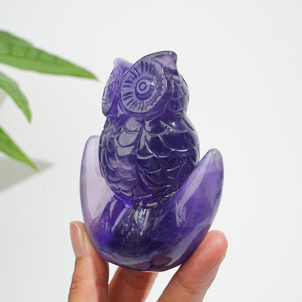 Unique,A Slightly Imperfect Natural Crystal Purple Fluorite Owl Carving