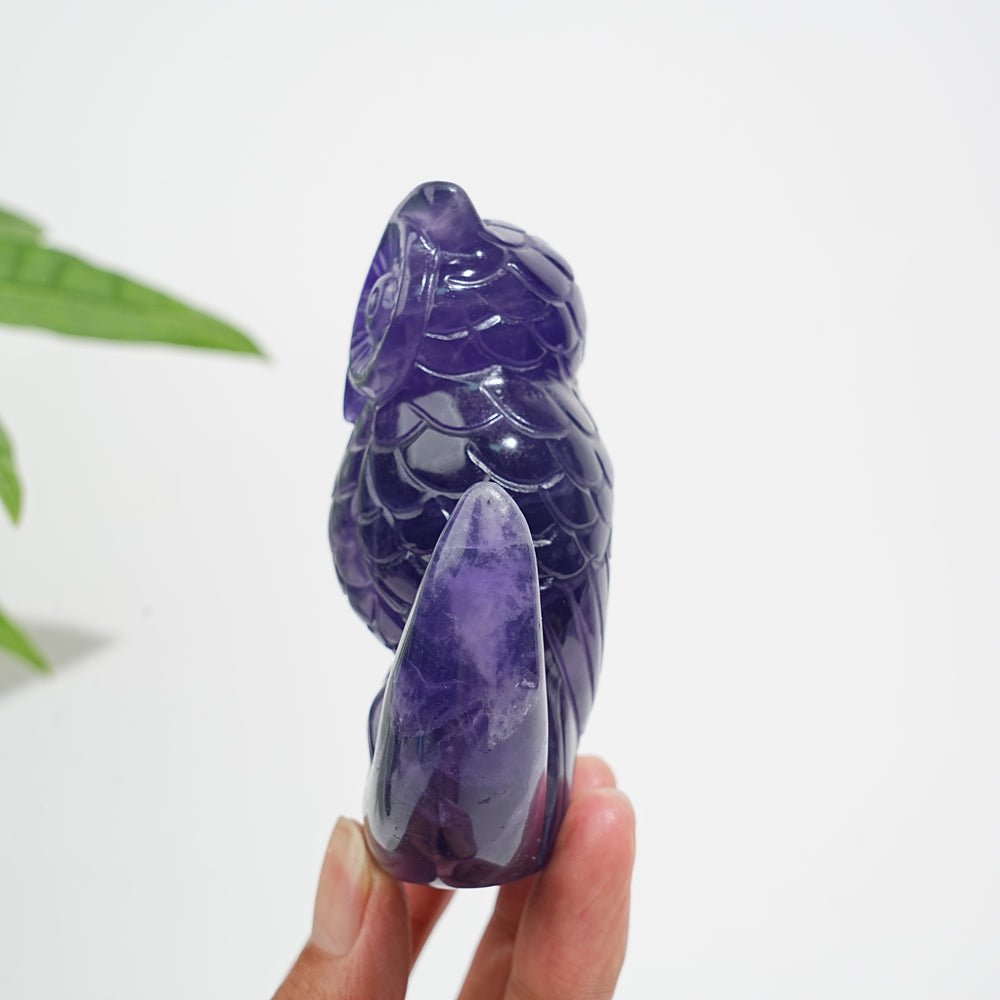 Unique,A Slightly Imperfect Natural Crystal Purple Fluorite Owl Carving