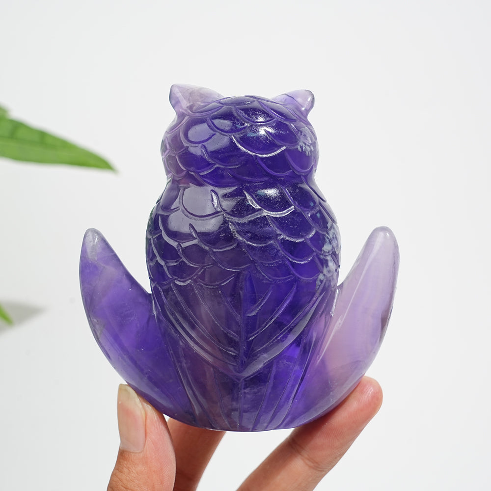 Unique,A Slightly Imperfect Natural Crystal Purple Fluorite Owl Carving