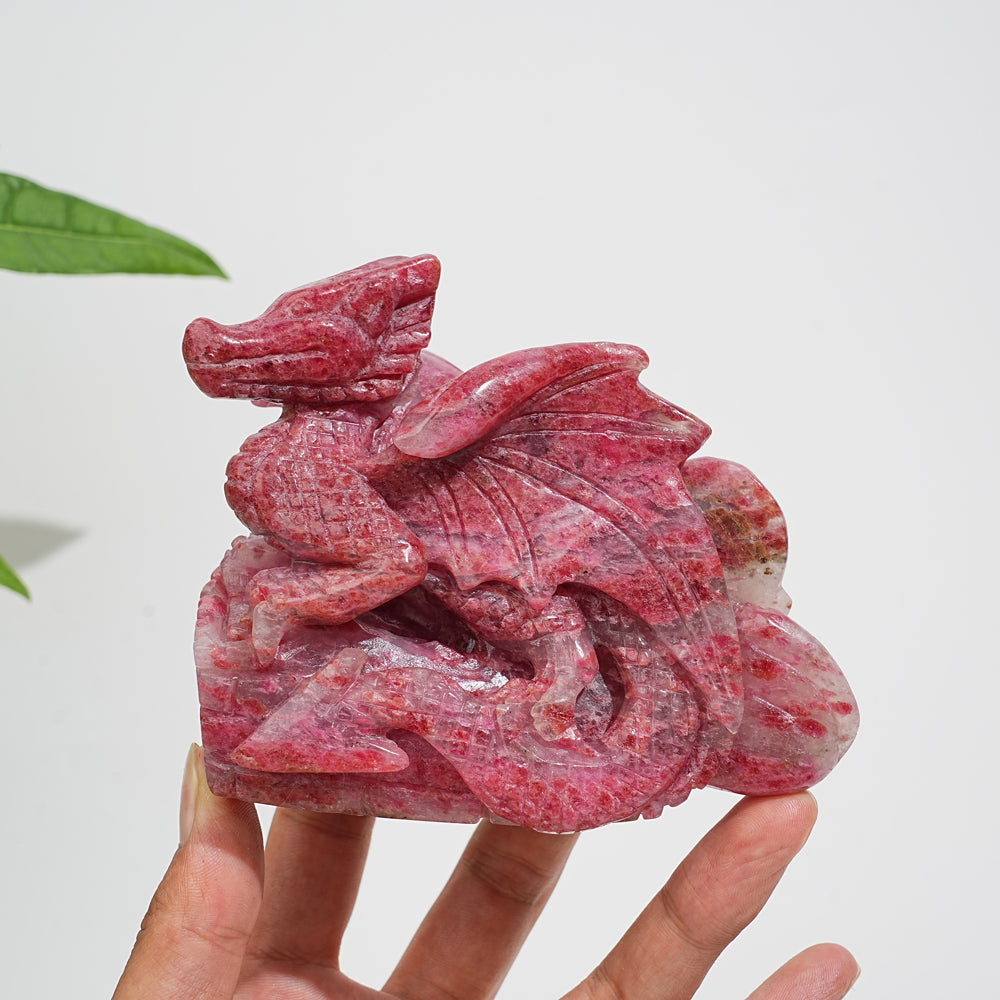 Unique,A Slightly Imperfect Natural Crystal Rhodonite In Quartz Flying Dragon Carving
