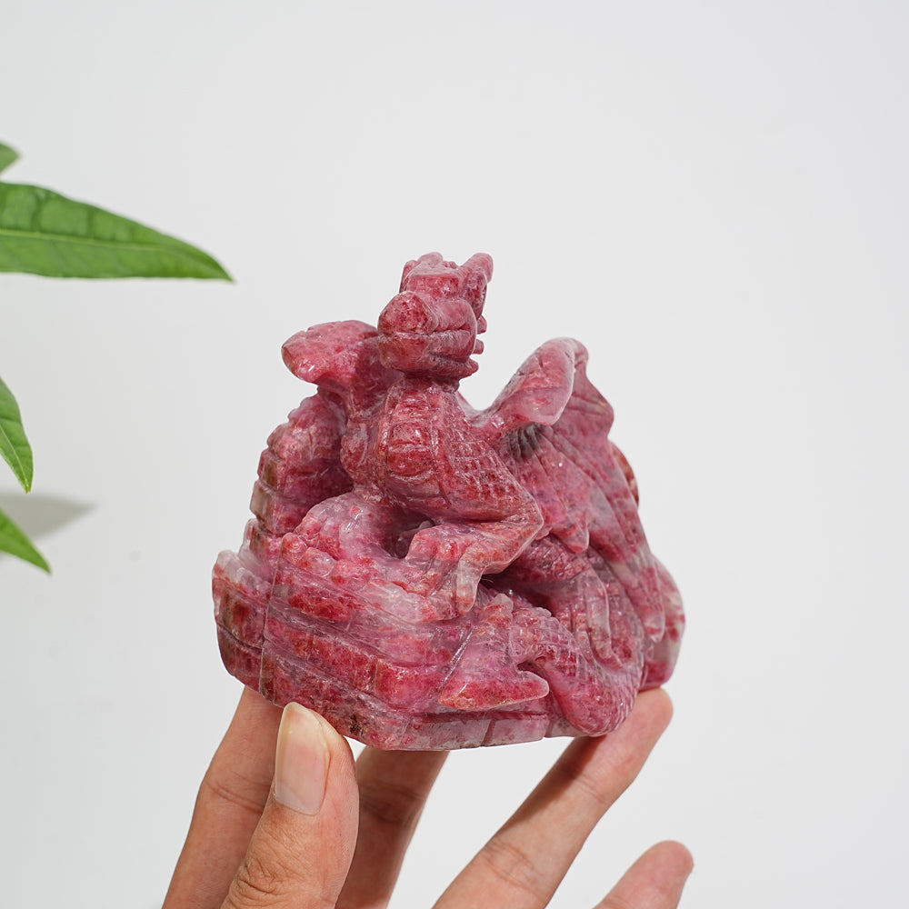Unique,A Slightly Imperfect Natural Crystal Rhodonite In Quartz Flying Dragon Carving