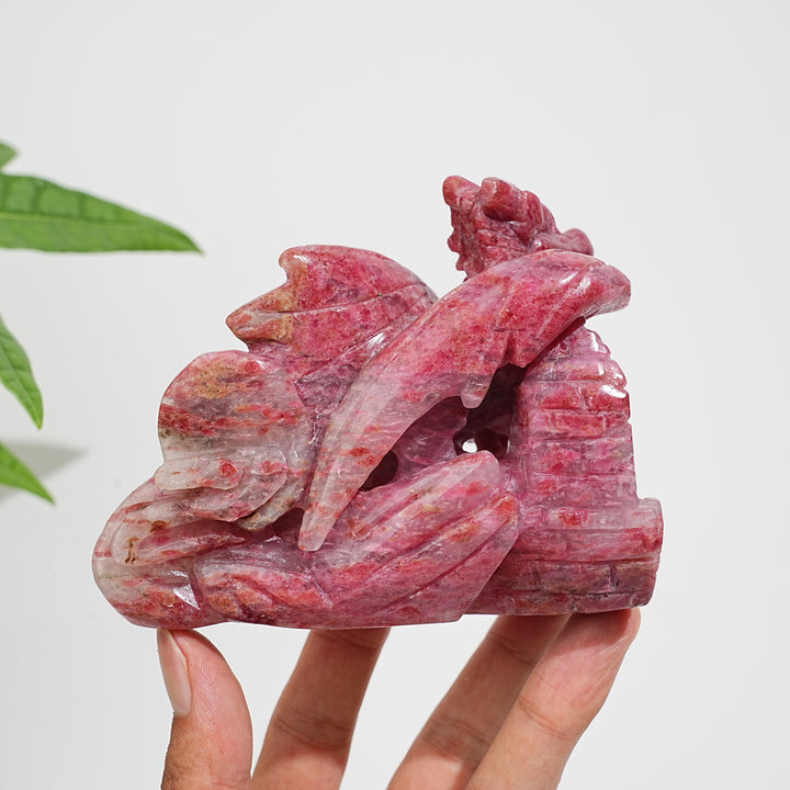 Unique,A Slightly Imperfect Natural Crystal Rhodonite In Quartz Flying Dragon Carving