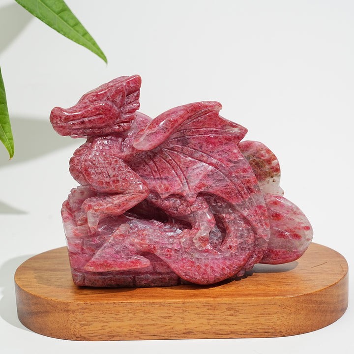 Unique,A Slightly Imperfect Natural Crystal Rhodonite In Quartz Flying Dragon Carving