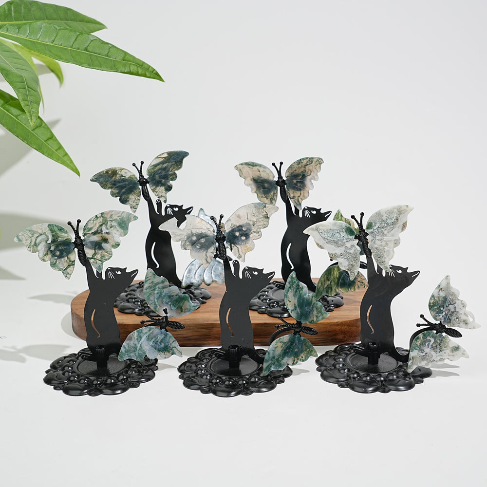 A Slightly Imperfect Natural Crystal Moss Agate Cat With Butterfly