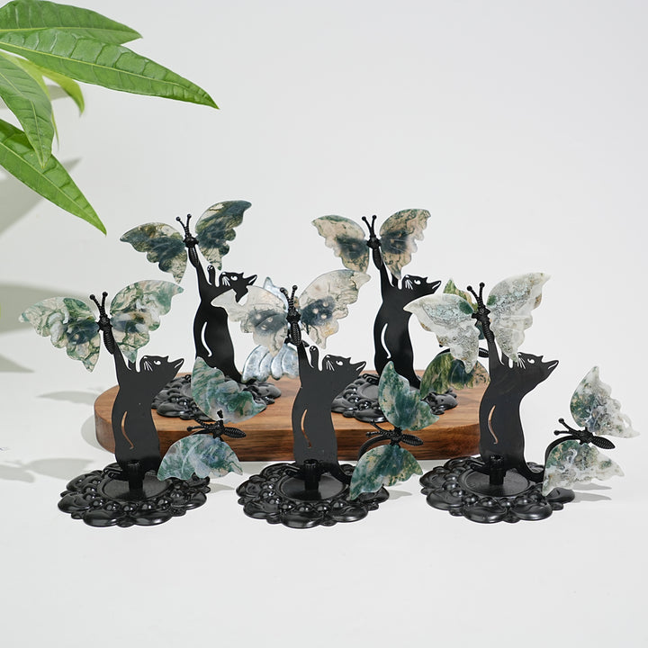 A Slightly Imperfect Natural Crystal Moss Agate Cat With Butterfly
