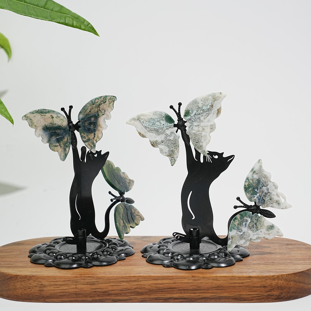A Slightly Imperfect Natural Crystal Moss Agate Cat With Butterfly
